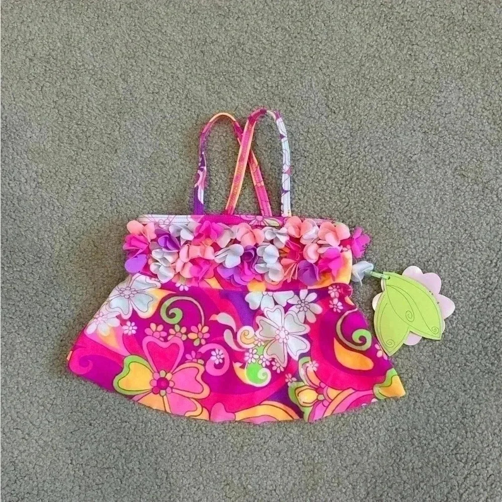 Kids new with tags hula star pink boho 70s floral style tankini bikini top